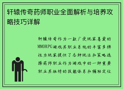 轩辕传奇药师职业全面解析与培养攻略技巧详解